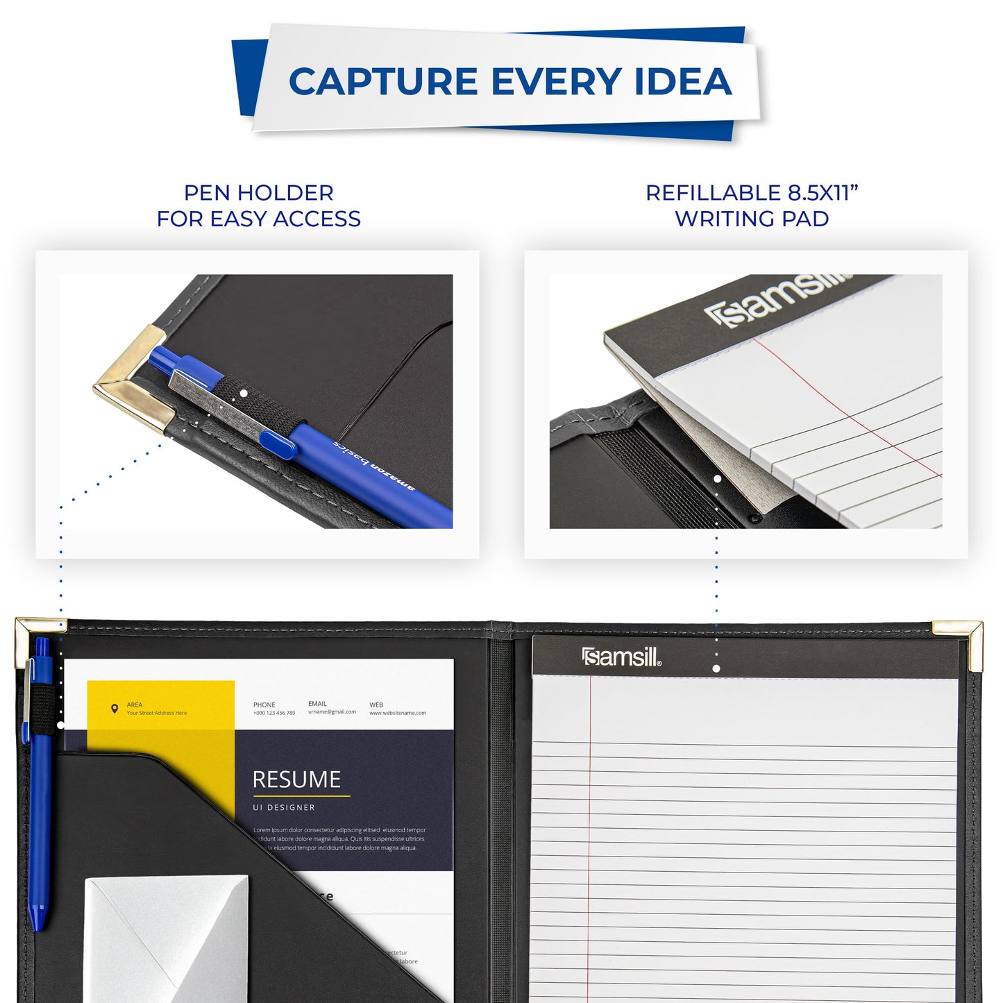 Samsill Classic Collection Business Portfolio - Executive Padfolio for Resume & Document Organizer - 8.5 by 11-Inch Legal Pad, Faux Leather with Brass Corners (Black)