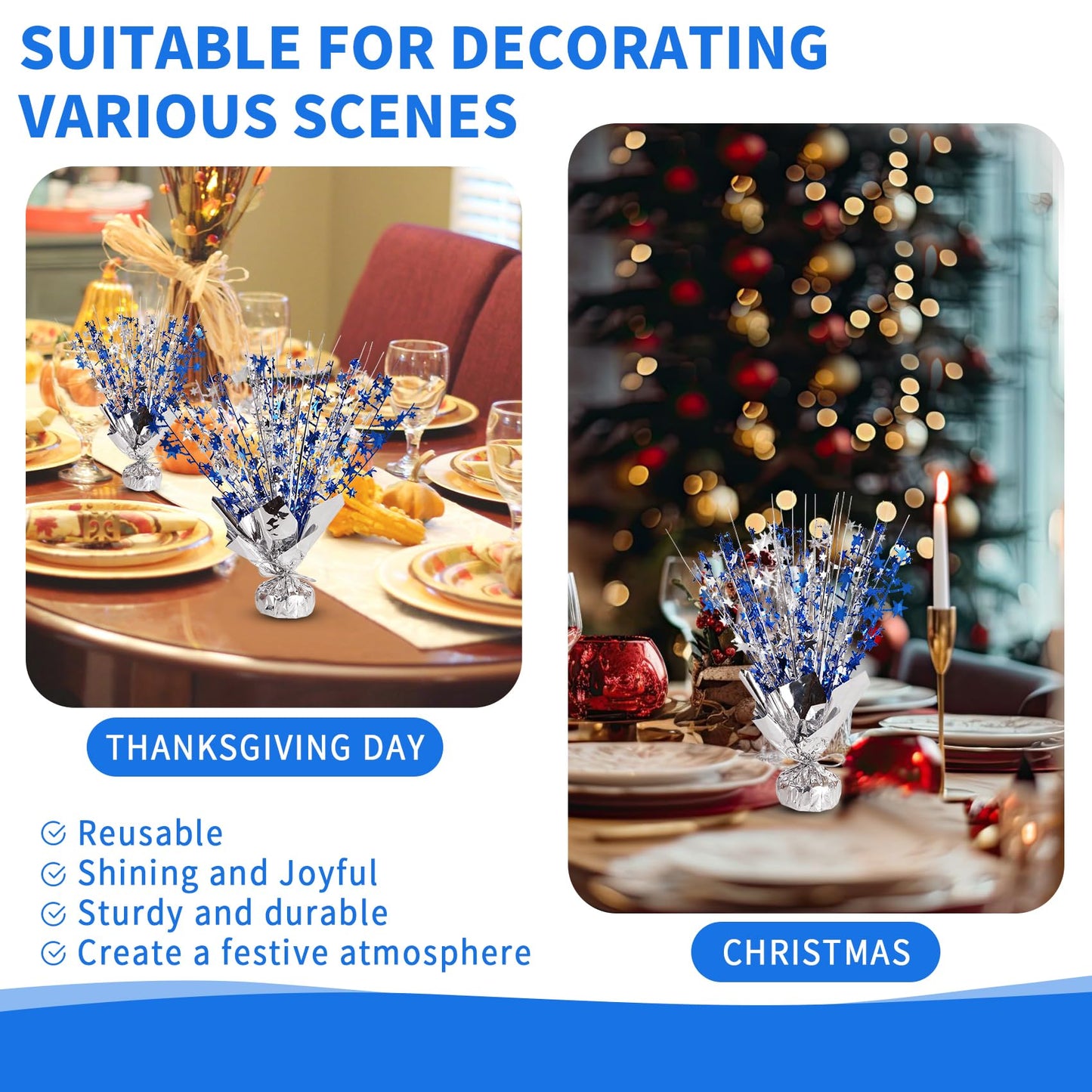 6 Pack Metallic Foil Spary Centerpieces for Tables, Silver Navy Blue Centerpieces for Tables Decorations, Star Brust Table Centerpieces for Birthday Graduation Wedding Baby Shower Party