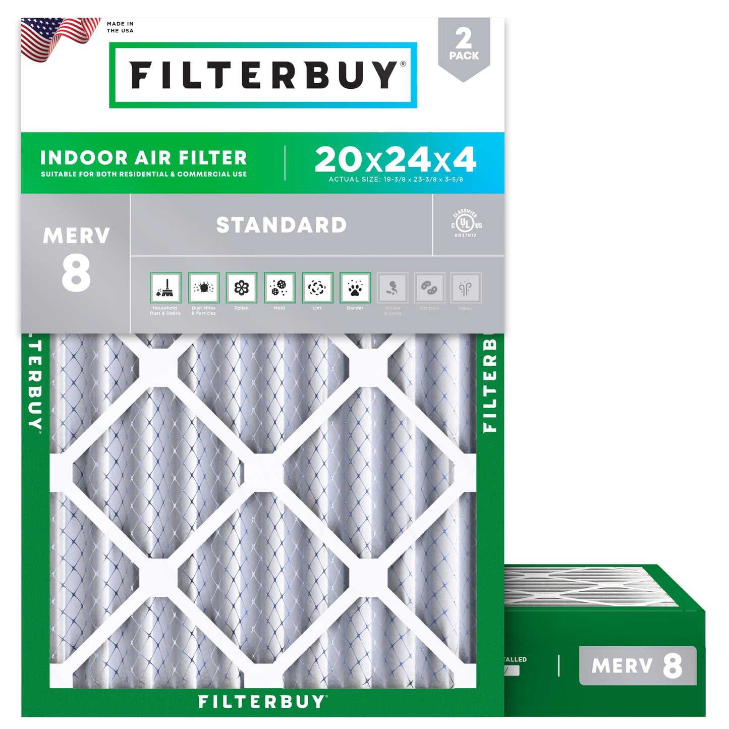Filterbuy 20x24x4 Air Filter MERV 8 Essential Dust & Allergy Defense (2-Pack), Electrostatic Pleated HVAC AC Furnace Filters Replacement, Made in USA (Actual Size: 19.38 x 23.38 x 3.63)