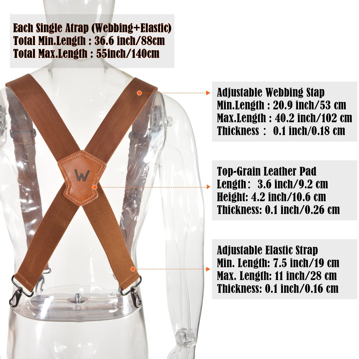 WELKINLAND Brown 2 inch wide suspenders, Heavy duty work suspenders for men, Swivel hook suspender, Thick suspender with belt loops