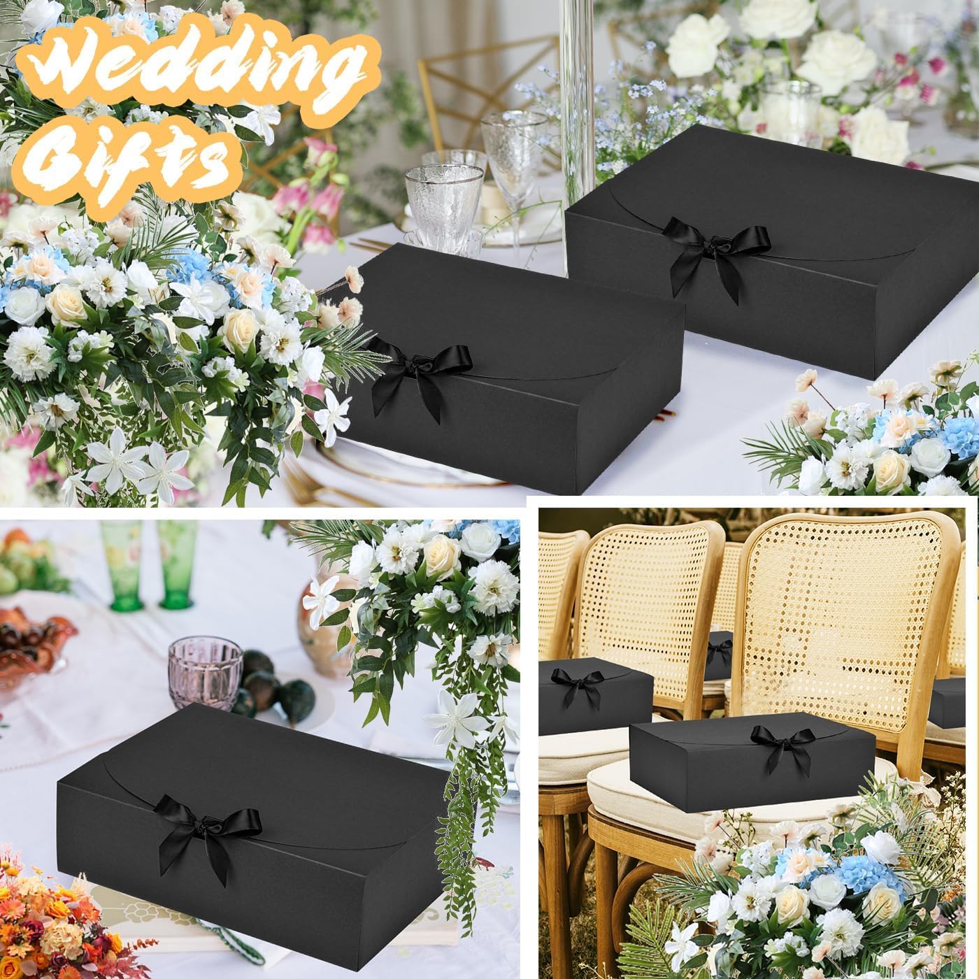 WLUSEAXI 15Pack Gift Boxes with Lids, 10.6x7.8x3.1 Inches Bridesmaid Proposal Boxes with Ribbon, Black Gift Boxes for Presents,Kraft Paper Boxes for Wedding Christmas Birthday Baby Shower Party