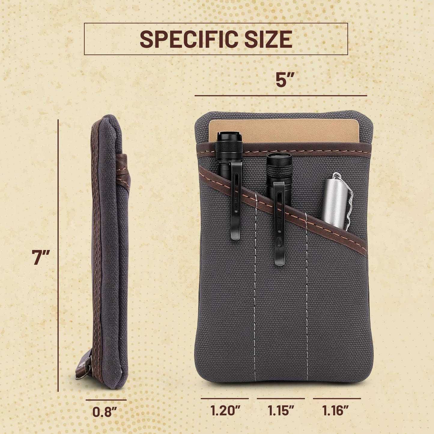 RAW HYD Waxed Canvas EDC Pocket Organizer for Men – Water-Repellent Pouch Tool Used for Daily Carry - Compact Pocket Wallet with Zipper & Slots for Flashlight, Notebook & EDC Gear