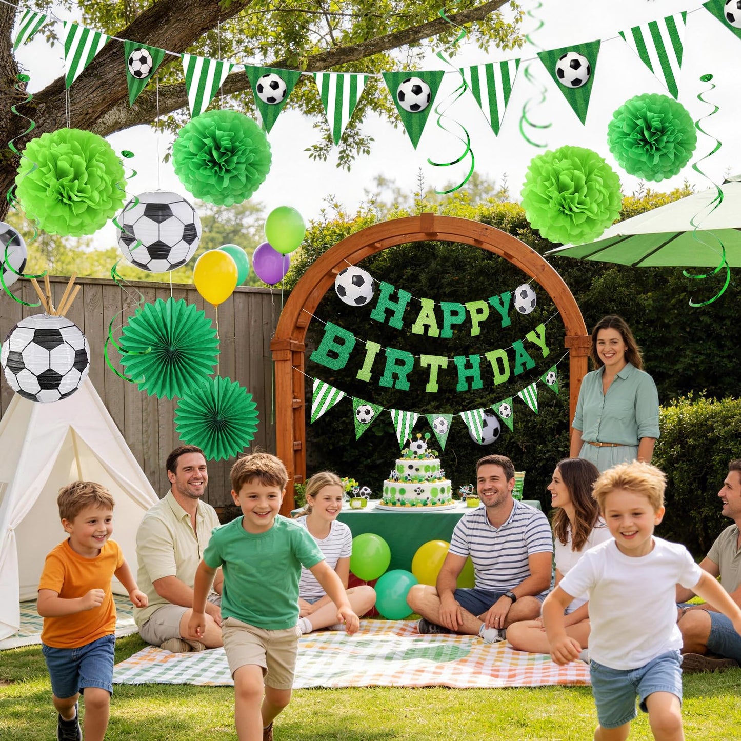 OBBOLO Soccer Birthday Party Decorations, Pre-Strung Soccer Birthday Banners, Including 2 Soccer Ball Paper Lanterns, Green Paper Fans and Pompoms for Boys Birthdays, Sports Party Decorations