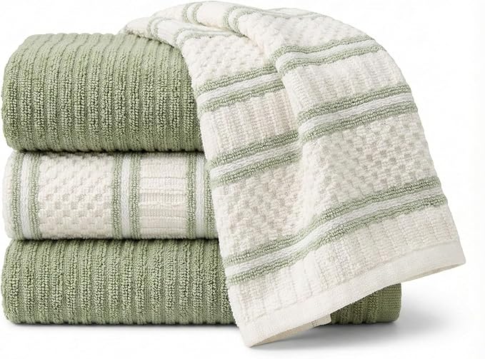 MosJos Kitchen Towels, Cotton Hand Towels, Sage Green and Cream Ribbed