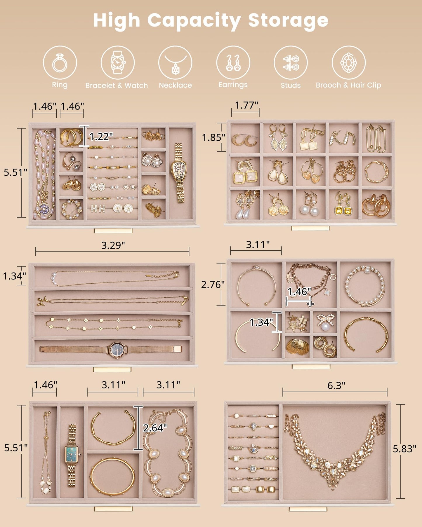 Lolalet Jewelry Box Organizer, 6-Layer Jewelry Organizers and Storage Case with Glass Lid, Ring Earring Bracelet Necklace Holder Organizer, Birthday Valentine Gifts for Women Girls -6Layer, Beige