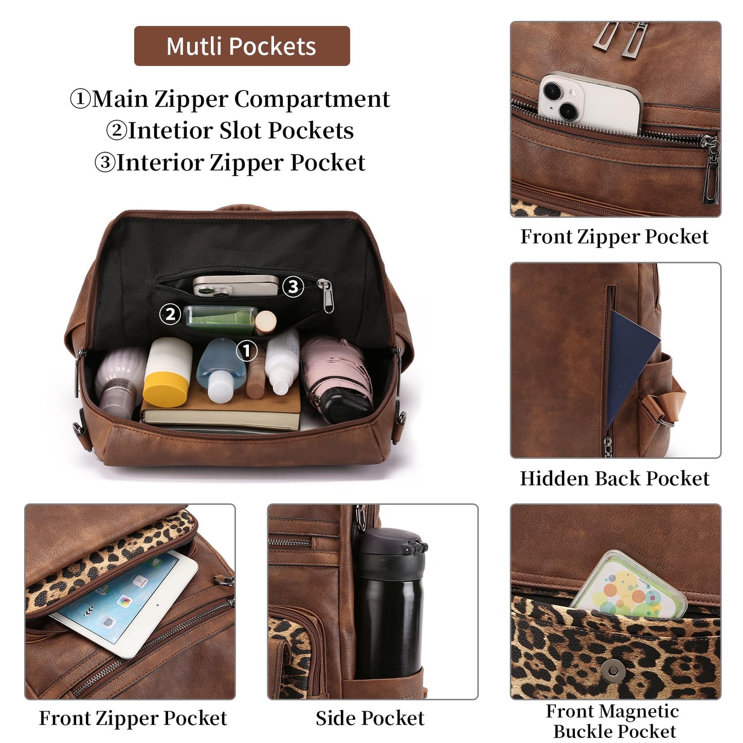 GAEKEAO Backpack Purse for Women Fashion Leather Designer Travel Backpack Purses Convertible Shoulder Bag with Wristlet (Brown With Leopard)