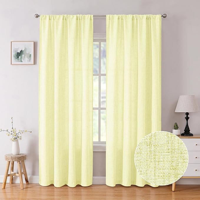 Tollpiz Linen Curtain Living Room Rod Pocket Semi Sheer Curtains Burlap Light Filtering Thick Linen Drape for Bedroom, 54 x 72 inches Long, Cream Yellow, Set of 2 Panels