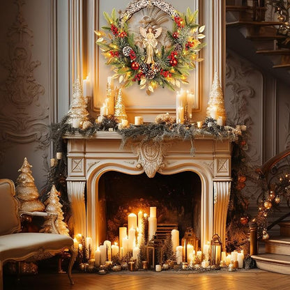 YULETIME 24" Angel Christmas Wreath, Artificial Holiday Wreath with Resin Angel Statue, Natural Rattan Ring & Pine Cones, Golden Leaves, Red Baubles, Spruce Branches, Snowy Pine Needles