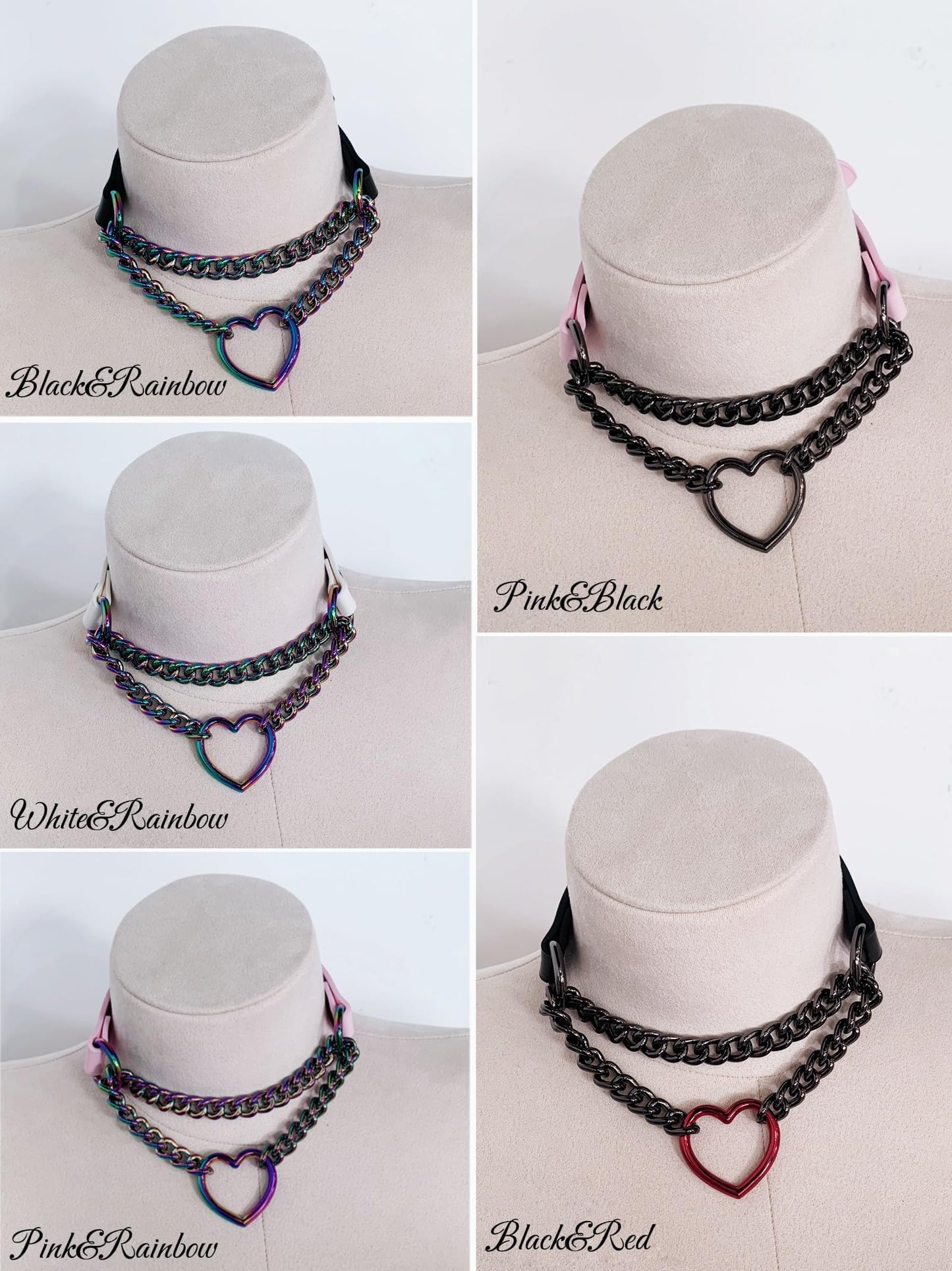 ADEMISHIA Black/Pink Leather Choker Necklace For Women, Handmade Adjustable Chain Collar with Metallic Heart Ring