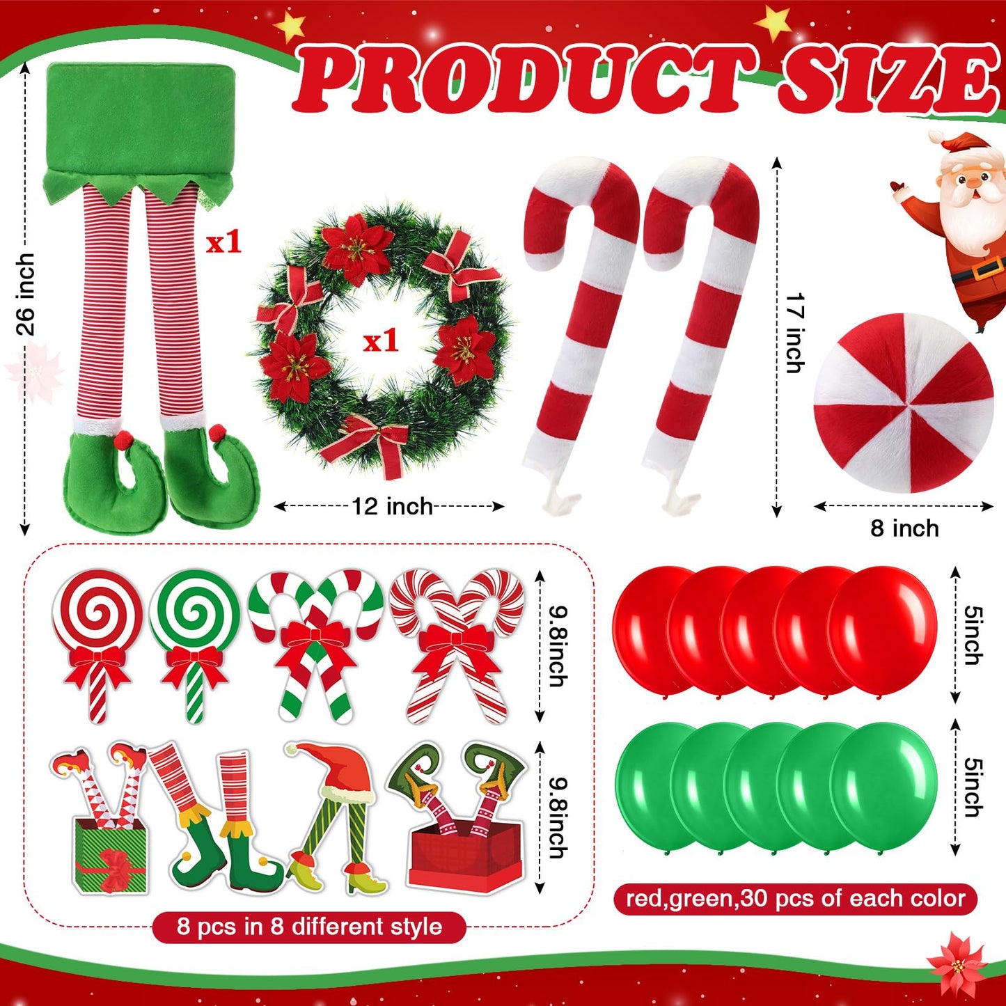 Soulchen 73 Pcs Christmas Car Decoration Kit Candy Cane Santa Claus Nose Hanging Elf Legs Xmas Wreath PVC Decoration Red Green Balloons Christmas Candy Car Accessories for Truck Vehicle Decorations