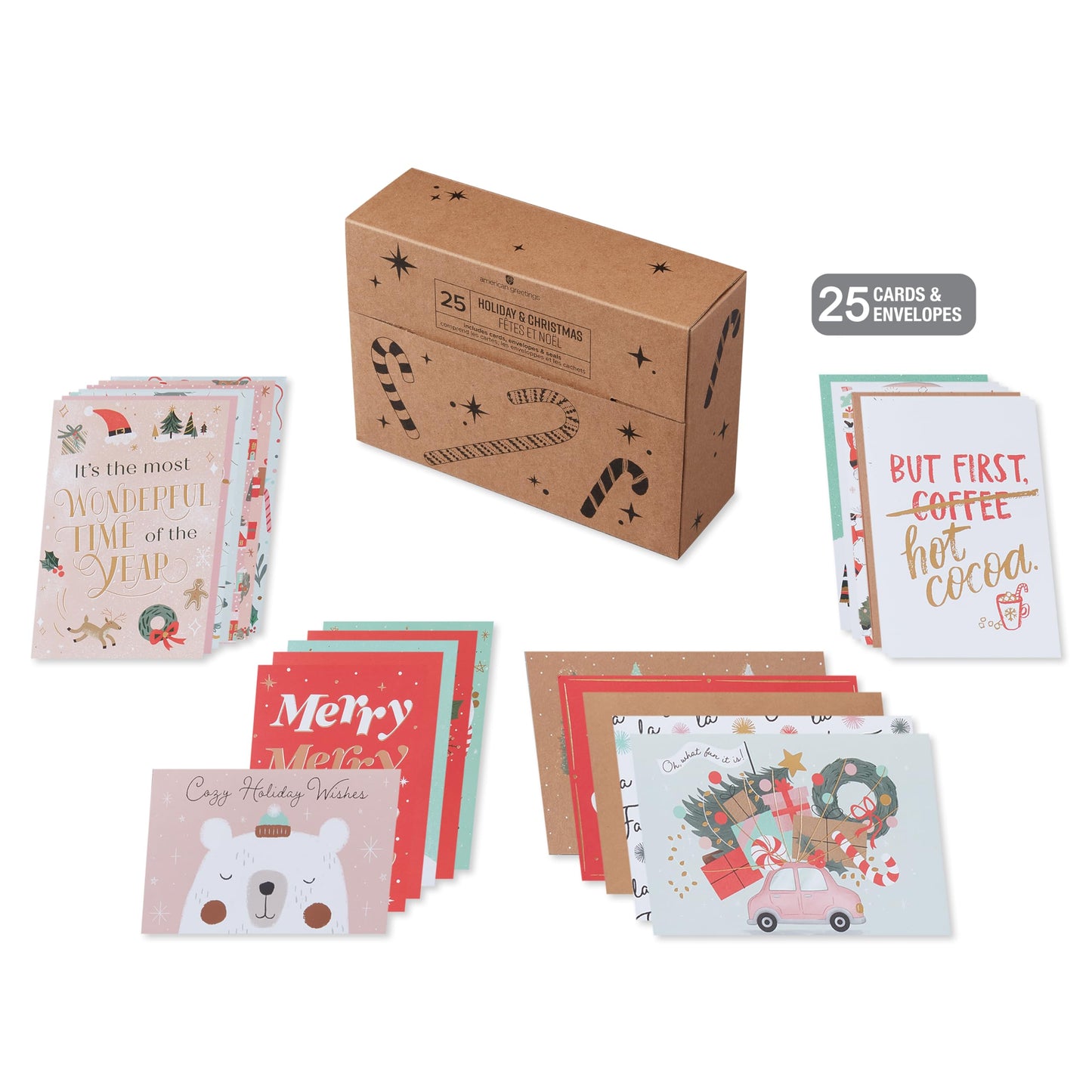 American Greetings Christmas Cards with Envelopes, Trendy Pink Pastel Designs (25-Count)