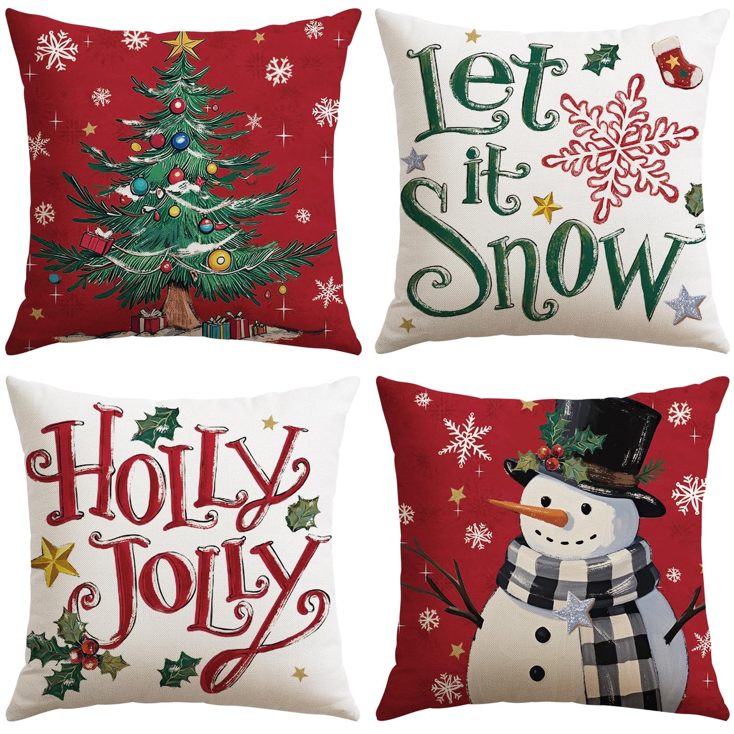 Artscope Christmas Tree Snowman Throw Pillow Covers 18x18 Inch Set of 4, Let It Snow Holly Jolly Winter Hoilday Christmas Decoration Pillow Cases for Home Sofa Couch Decor-Red