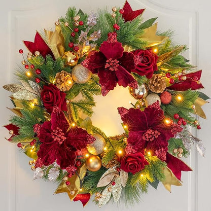 Christmas Wreaths for Front Door, Soomeir 24 Inch Outdoor Christmas Wreath with Lights, Large Prelit Wreath for Holiday Winter Window Outdoor Indoor Xmas