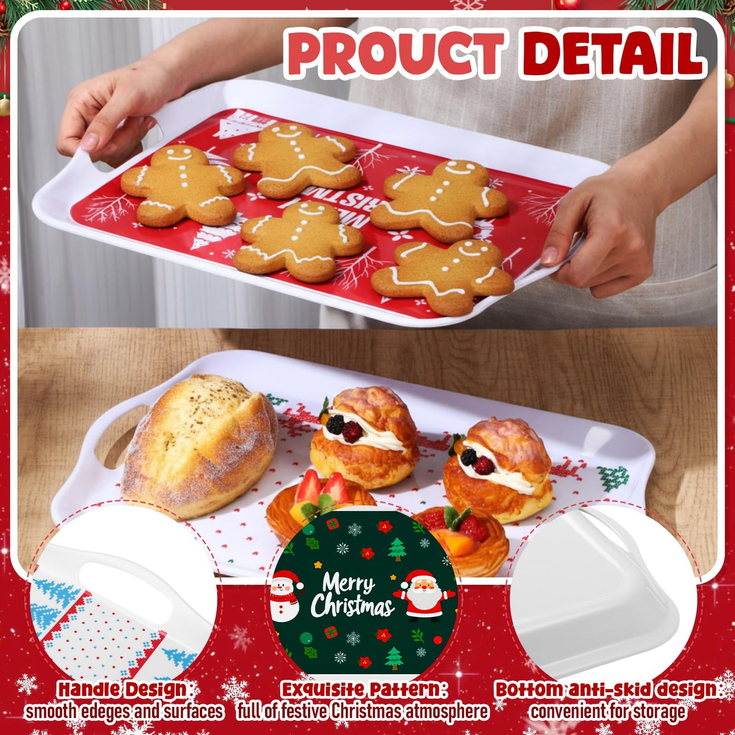 Bokon 4 Pcs Christmas Serving Trays with Handles 16"x 11" Large Christmas Platters Serving Dish Rectangular Xmas Tree Winter Holiday Food Tray for Snack Cookie Candy Dessert Plate Party(Classic Xmas)