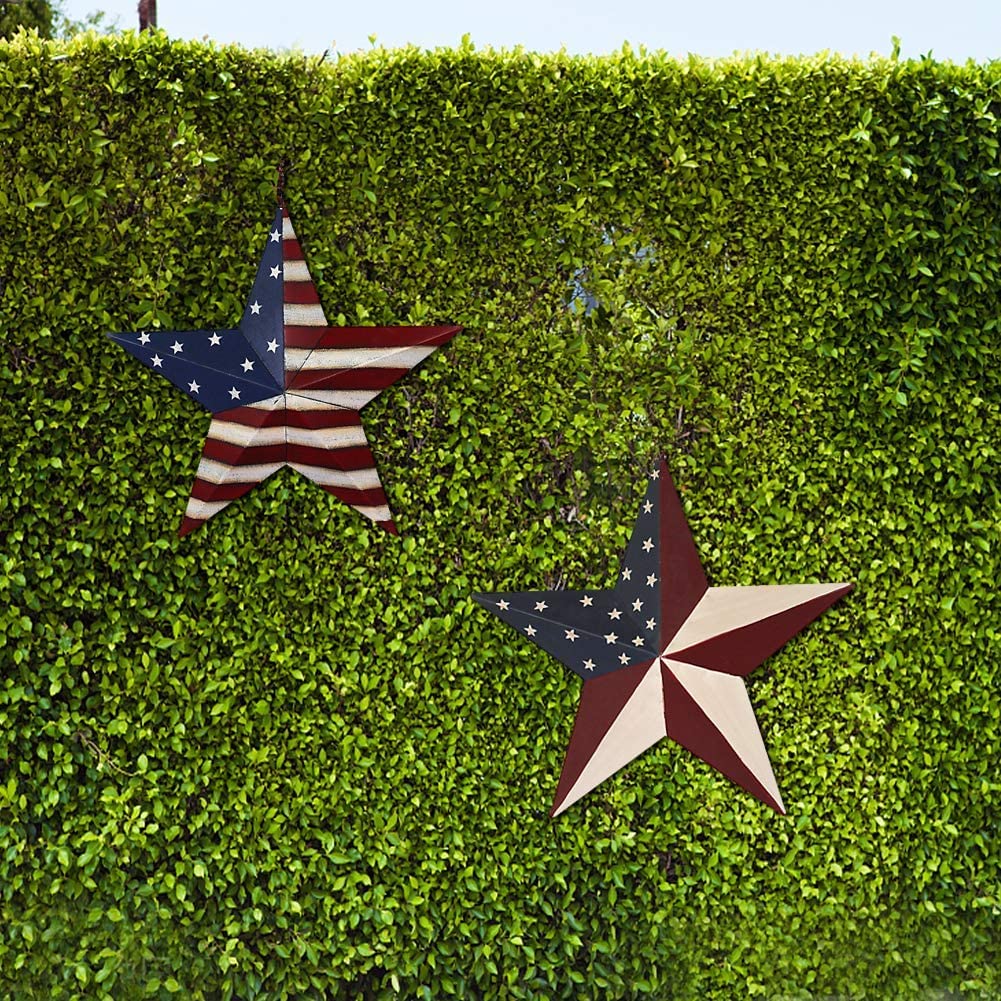 Rainbow Handcrafts Rustic Metal 3D Barn Star Patriotic Wall Decoration American Flag Wall Star July 4th Country Americana Patriotic Wall Ornament, Fourth of July Outdoor Wreath Decoration
