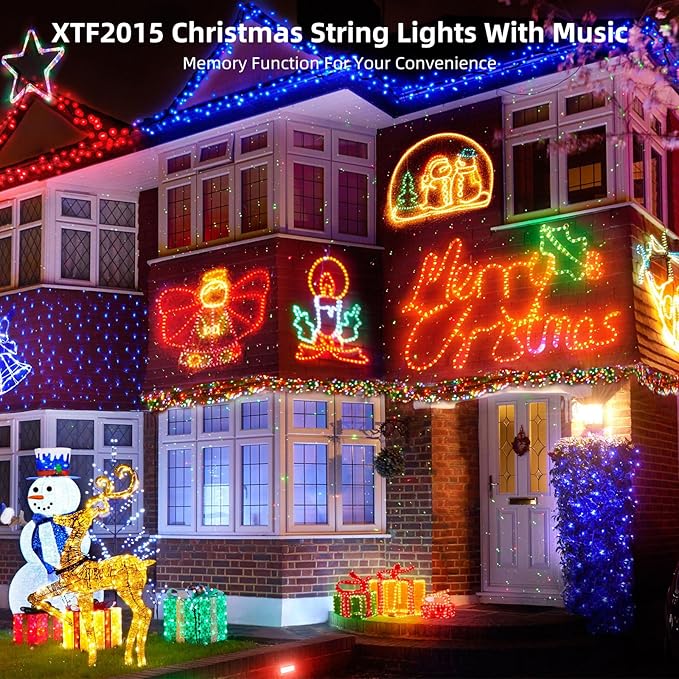 Music Motion Sensor Christmas String Lights 105FT 300 LED，Multicolour Christmas Tree Lights，End to End Plug In 6 Modes Decorative Light, No Timer；Waterproof for Indoor Outdoor Tree Party Decor