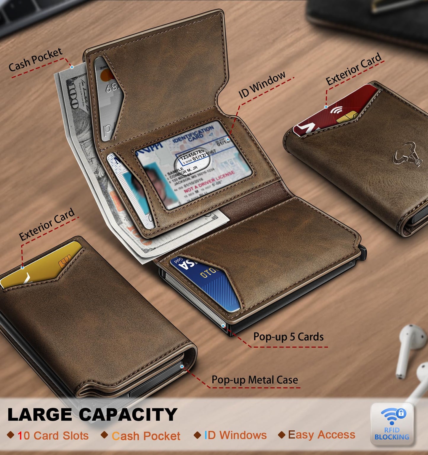 BULLIANT Men Wallet Leather Wallet Card Holders Money Clip for Men 10Cards-Magnetic Flip on Metal Case