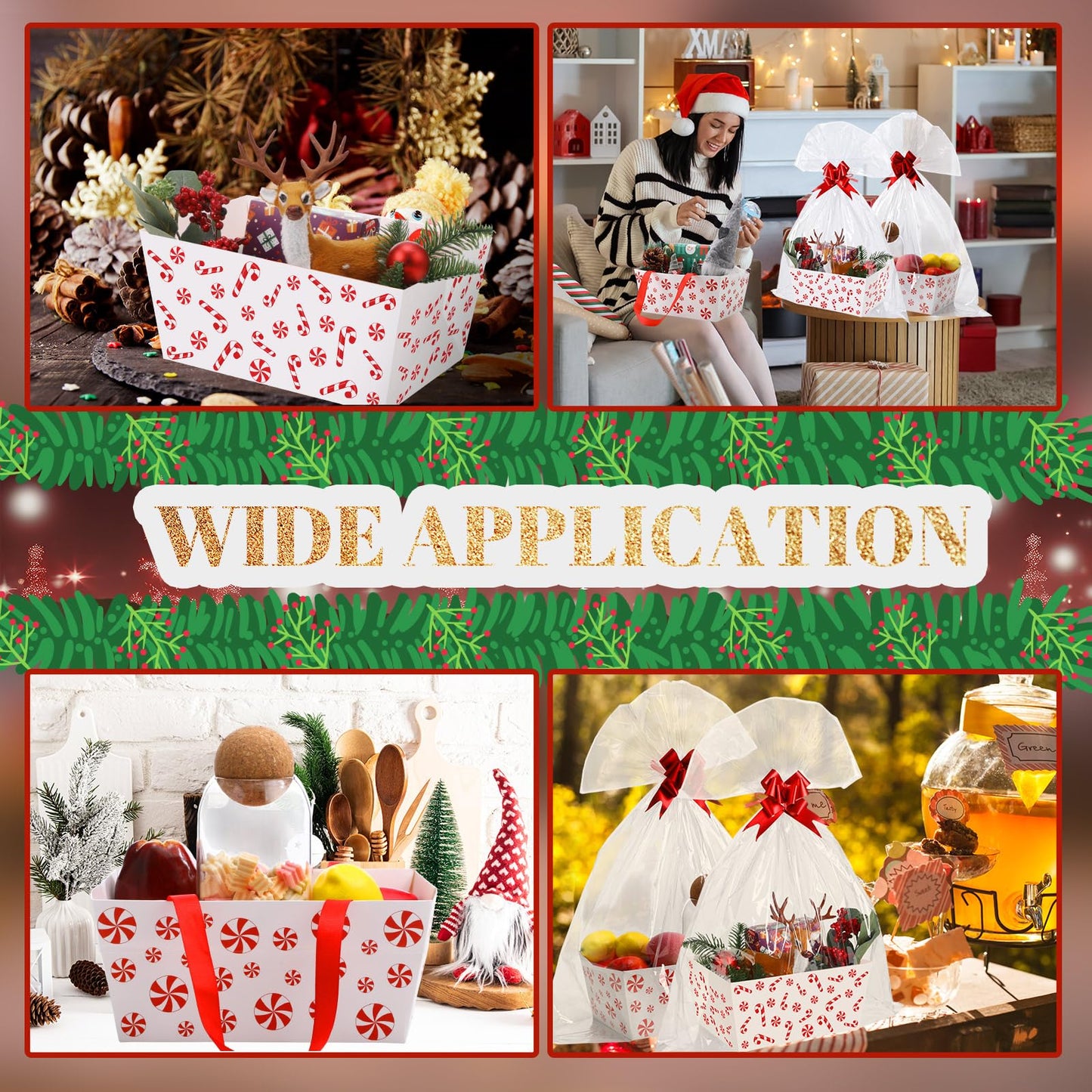 Moinchore 12 Pcs Christmas Basket for Gifts Empty 9.8 x 6.5'' Candy Cane Market Tray Red Cardboard Basket with Bows, Plastic Bags, Twist Ties, Empty to Fill for Holiday Birthday Xmas Party Favor