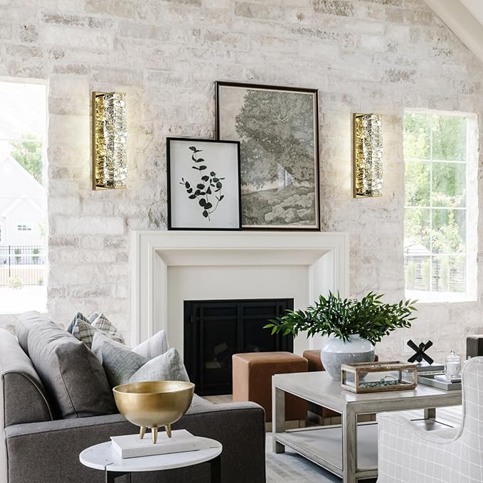 Crystal Wall Sconces Set of 2 Gold Crystal Wall Lighting with LED ‎Adjustable Color Temperature Modern Wall Lights Indoor Beautiful Glass Wall Light for Bedroom Living Room Hallway