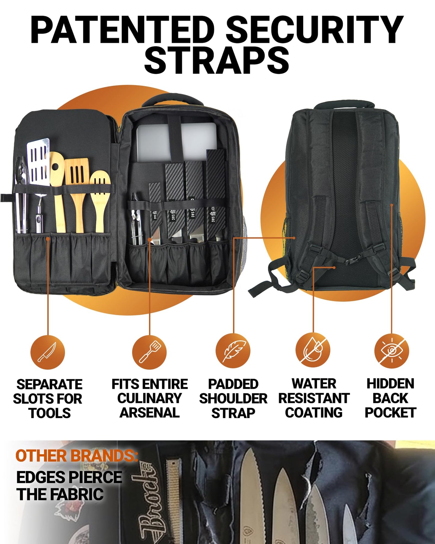Chef Knife Backpack TRAVELLER - Patented Knife Retention Panels with Hook-and-Loop, Water Resistant 900D Polyester Canvas, YKK Zippers, Work Bag for Chefs & Culinary Students (Black)