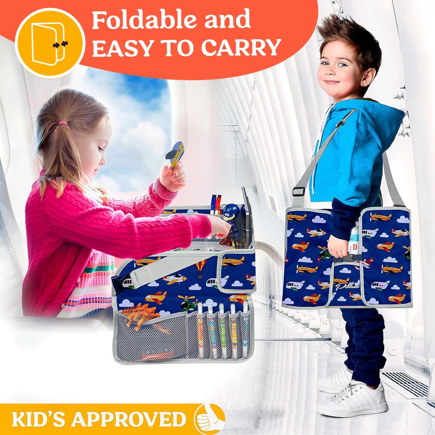 PILLANI Kids Travel Tray for Car - Toddler Airplane Travel Essentials w/ Activity Sheets, Pens & Dry Erase Board - Kids Travel - Must Have Toddler Lap Desk Organizer for Airplane - Travel Accessories