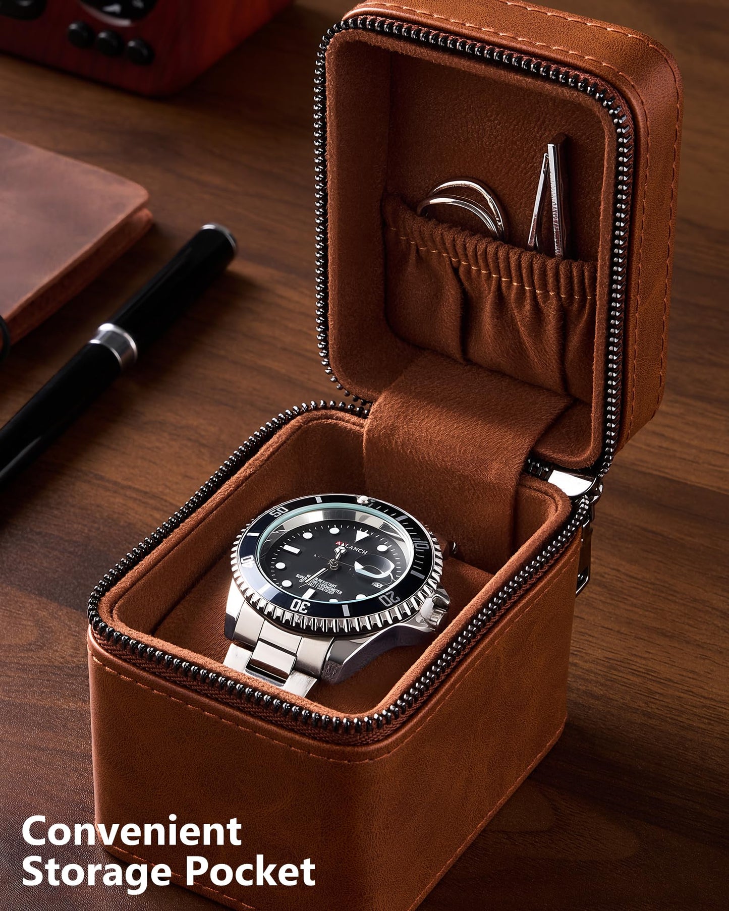 ProCase Single Watch Travel Case for Men, PU Leather Portable Watch Holder, Compact Small Carrying Storage Box for Luxury Watches & Smartwatches with Jewelry Compartment, Fathers Day Gift -Brown