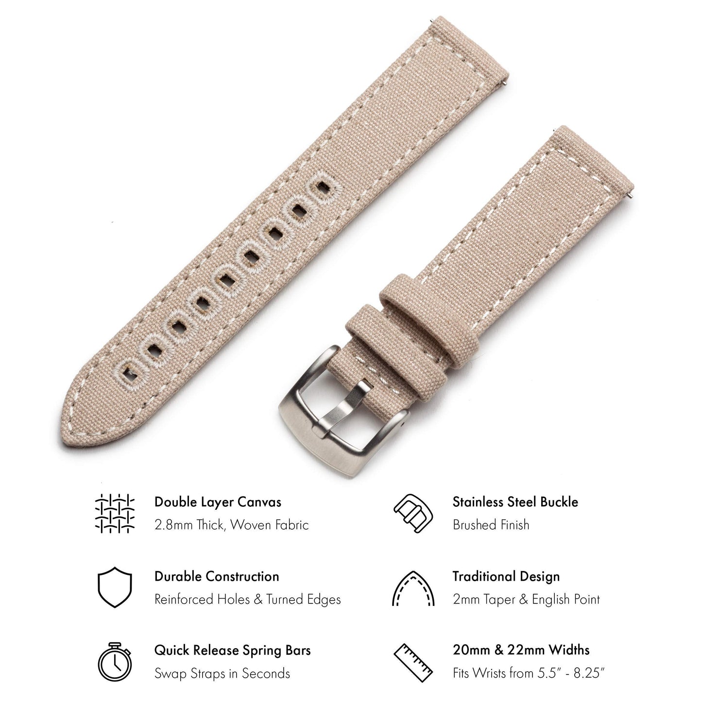 Benchmark Canvas Watch Band - Quick Release Cotton Fabric Watch Straps for Men & Women (22mm, Khaki Tan)