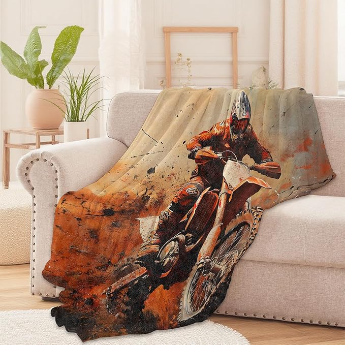 Dirt Bike Throw Blanket for Boys Girls Kids Adults Women, Fuzzy Warm Soft Cozy Flannel Blankets Gifts for Bedroom, Couch, Travel, Home Decor 50x60 in