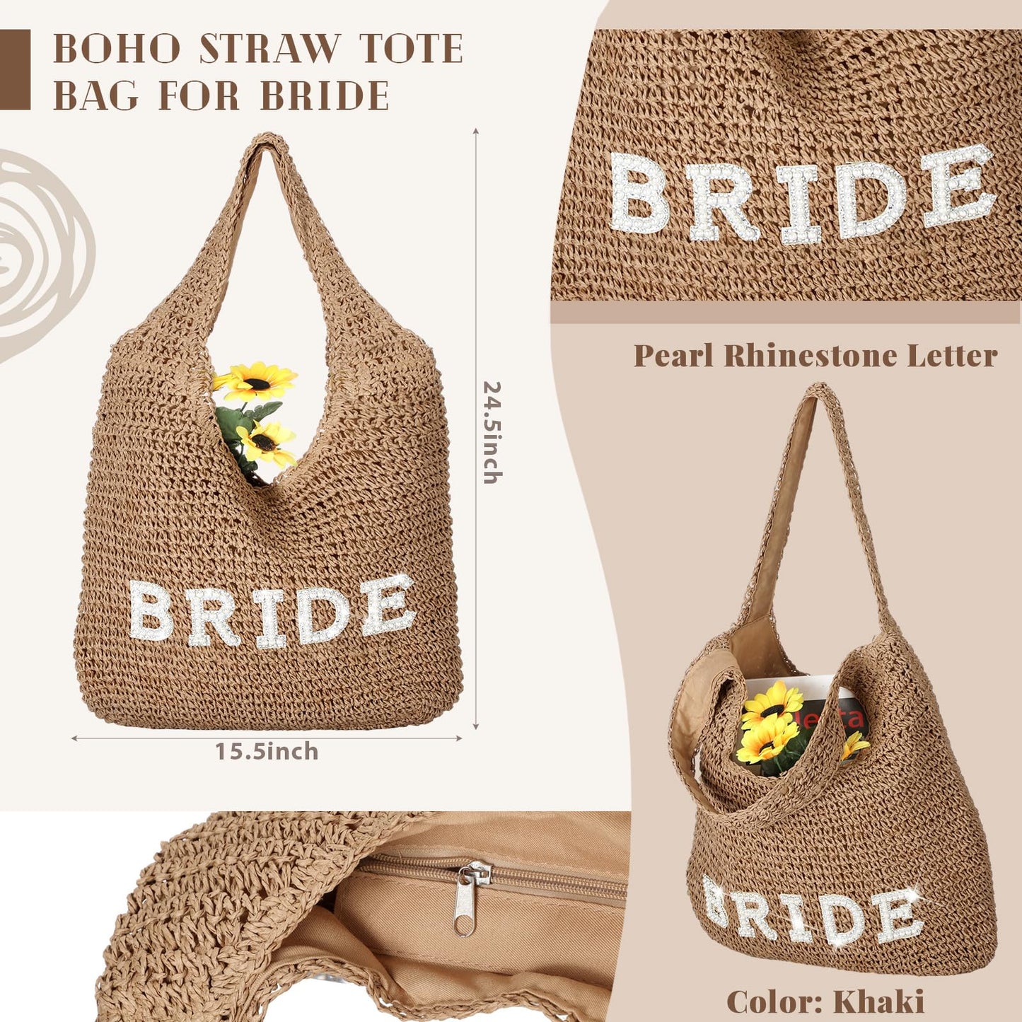Locmeo Bride Handwoven Straw Bag for Women Boho Beach Shoulder Tote Bag Bride Summer Rhinestone Letters Tote for Women Wedding Bridal Shower Bachelorette Gift