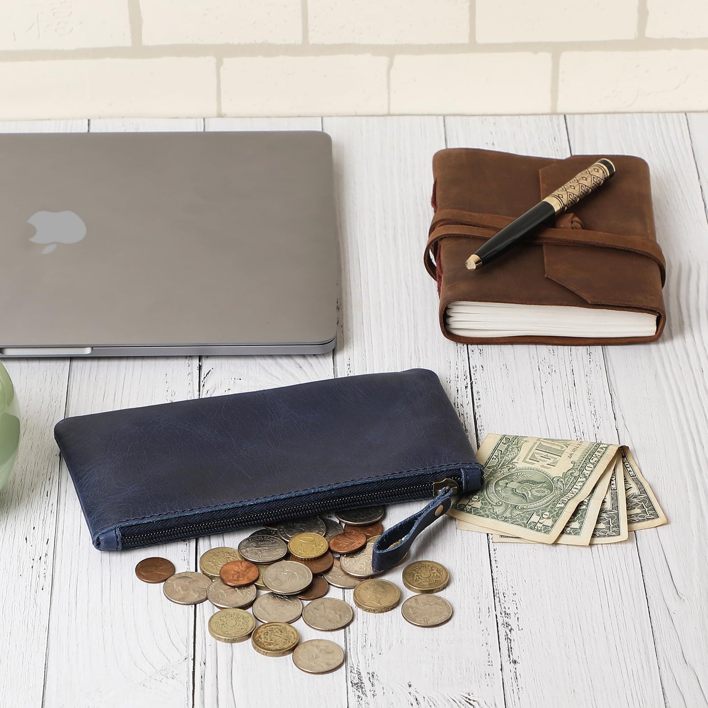 TheAntiq Blue Leather Pencil Pouch with Zipper - Slim Pen Holder (8" x 4" Inches), Coin Pouch & Cash Holder, Genuine Leather Pencil Case, Money Organizer, Multipurpose Accessory Case for Men & Women