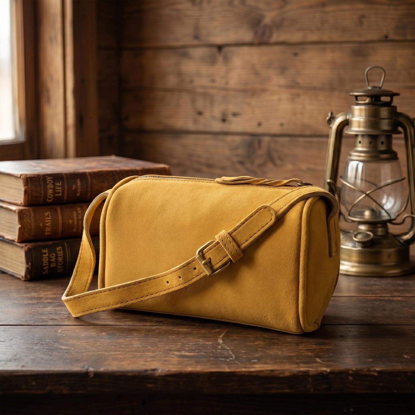 Merbaa Leather Cosmetic Bag for Women with Zipper Closure & Shoulder Strap, Small Genuine Suede Makeup Pouch Organizer Travel Toiletry Case Crossbody Sling Purse. Tan
