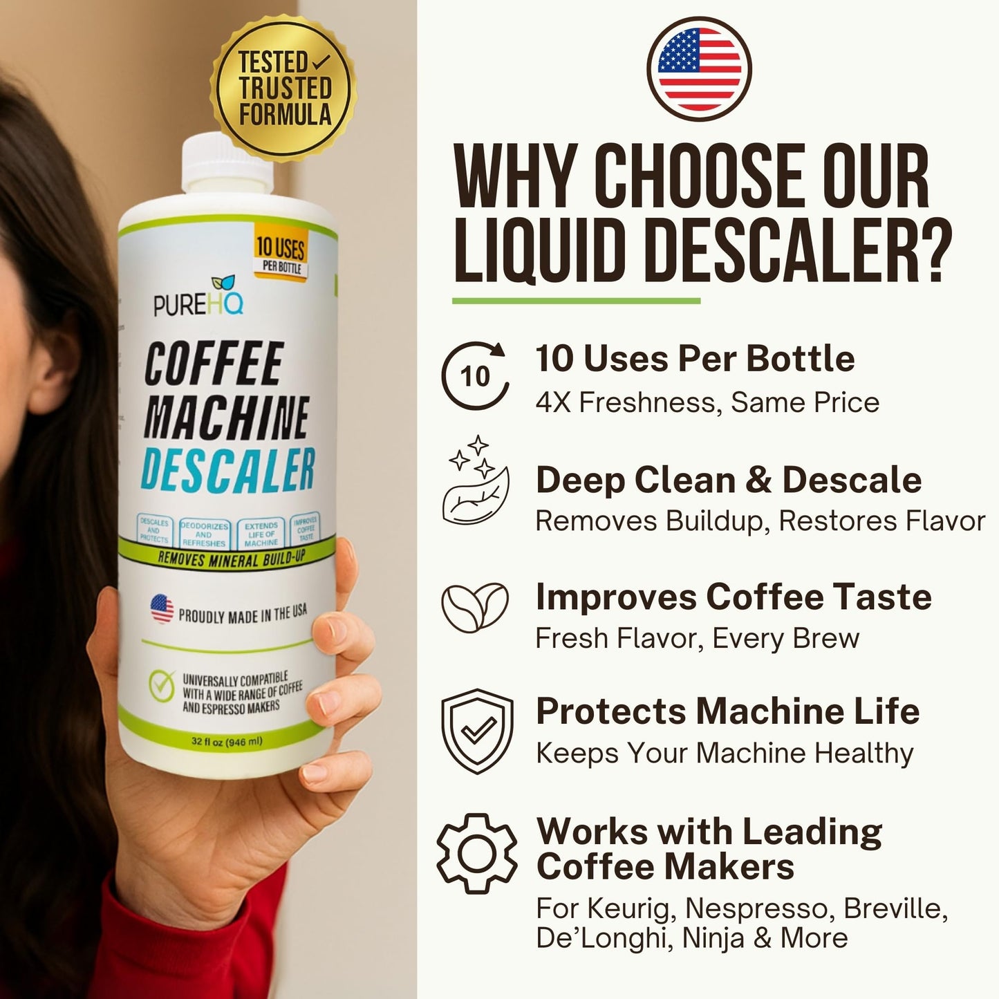 Coffee Machine Descaler - 10 Uses - Keurig Descaling Solution - Universal Descaler for Keurig, Nespresso, Delonghi, Breville, Ninja and All Single Use Coffee and Espresso Machines - Made in USA