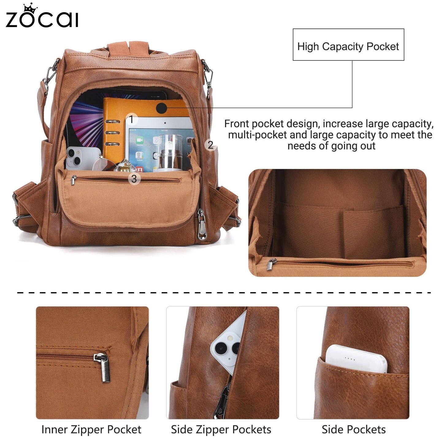 ZOCAI Backpack Purse for Women Medium Anti-Theft Backpacks Purses Design Leather Shoulder Bags with Removable Strap