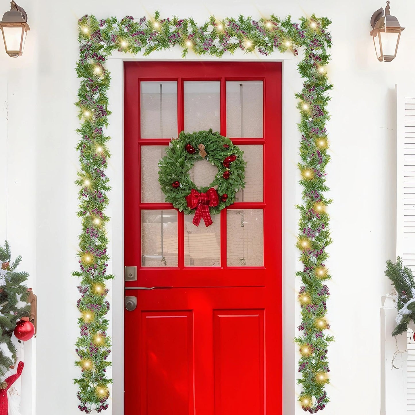 Christmas Garland with Light,Lighted Snowy Red Berries Holly Leaves Garland for Fireplace Mantle Indoor Outdoor Christmas Decoration 6.5FT Pre-lit Battery Operated Xmas String Lights 1 Pack