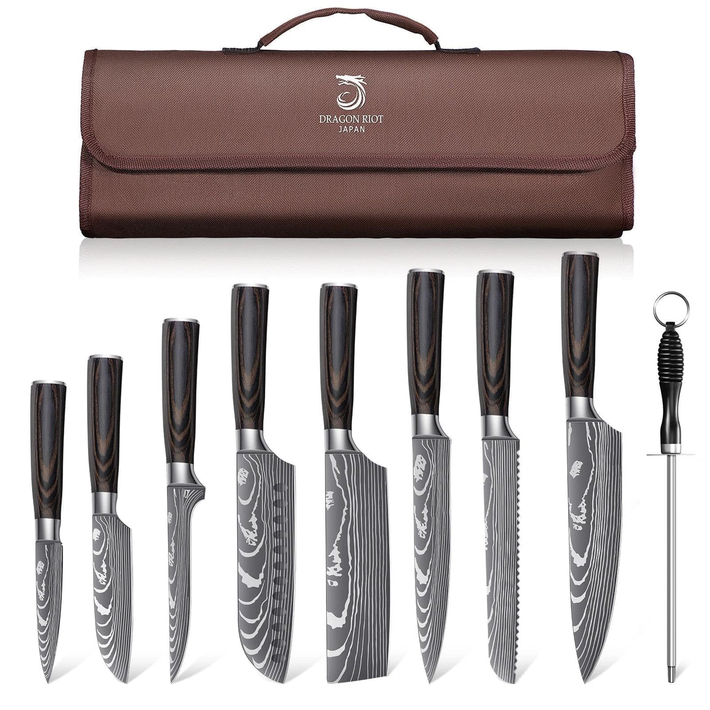 DRAGON ROIT Japanese Knives Set Damascus Pattern Chef Knife Set for Kitchen with Roll Bag, Sharp Stainless Kitchen Knife Set Brown Handle