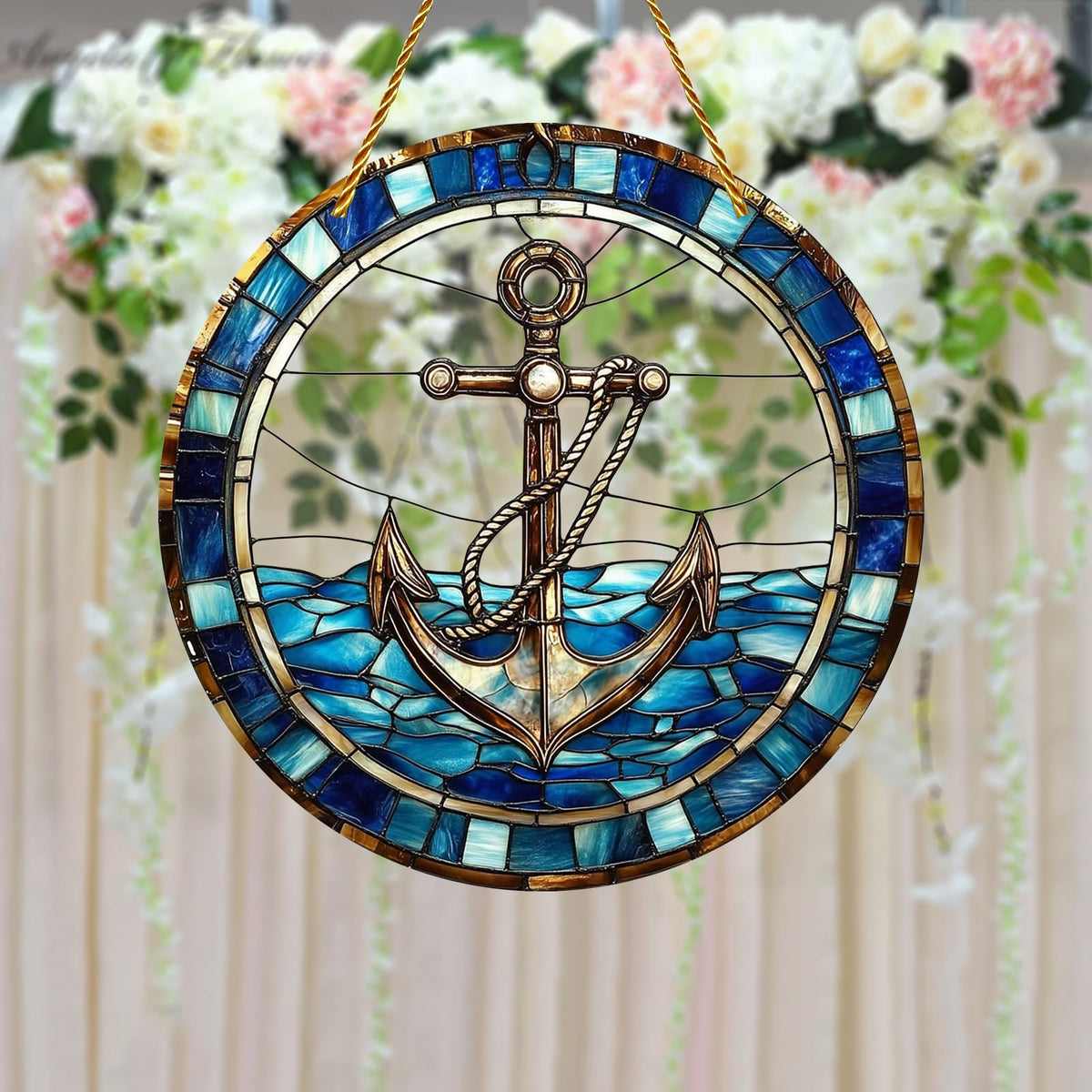 8x8 inch Charming Nautical Anchor Acrylic Stained Glass Window Hanging Sun Catcher Decor Stained Panel Hangings Wall Art Decor, for Friends and Family (Nautical)