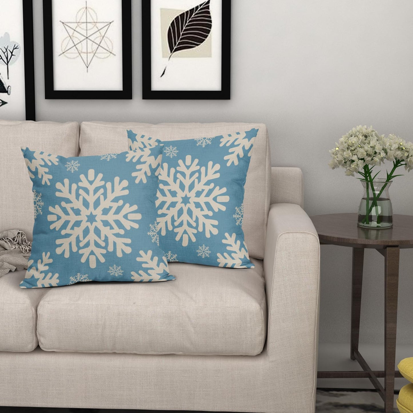 Sivirary Light Blue Christmas Pillow Covers 18x18 Inch Set of 2, Xmas Snowflakes Rustic Winter Themed Decorative Throw Pillow Cases Outdoor Linen Cushion Covers Farmhouse Sofa Couch Bed Decor