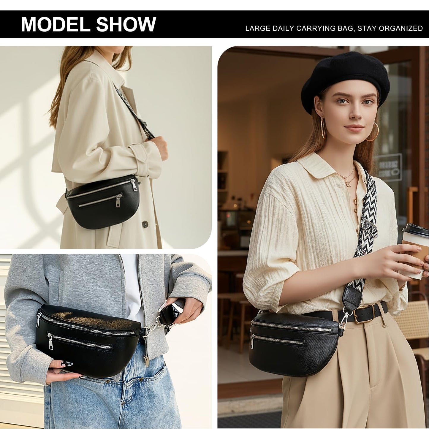 Long Keeper Faux Leather Crossbody Bags Bum Bag for Women Fanny Pack Lady Trendy Shoulder Sling Bag Waist Bags Belt Bag (Matte Black)