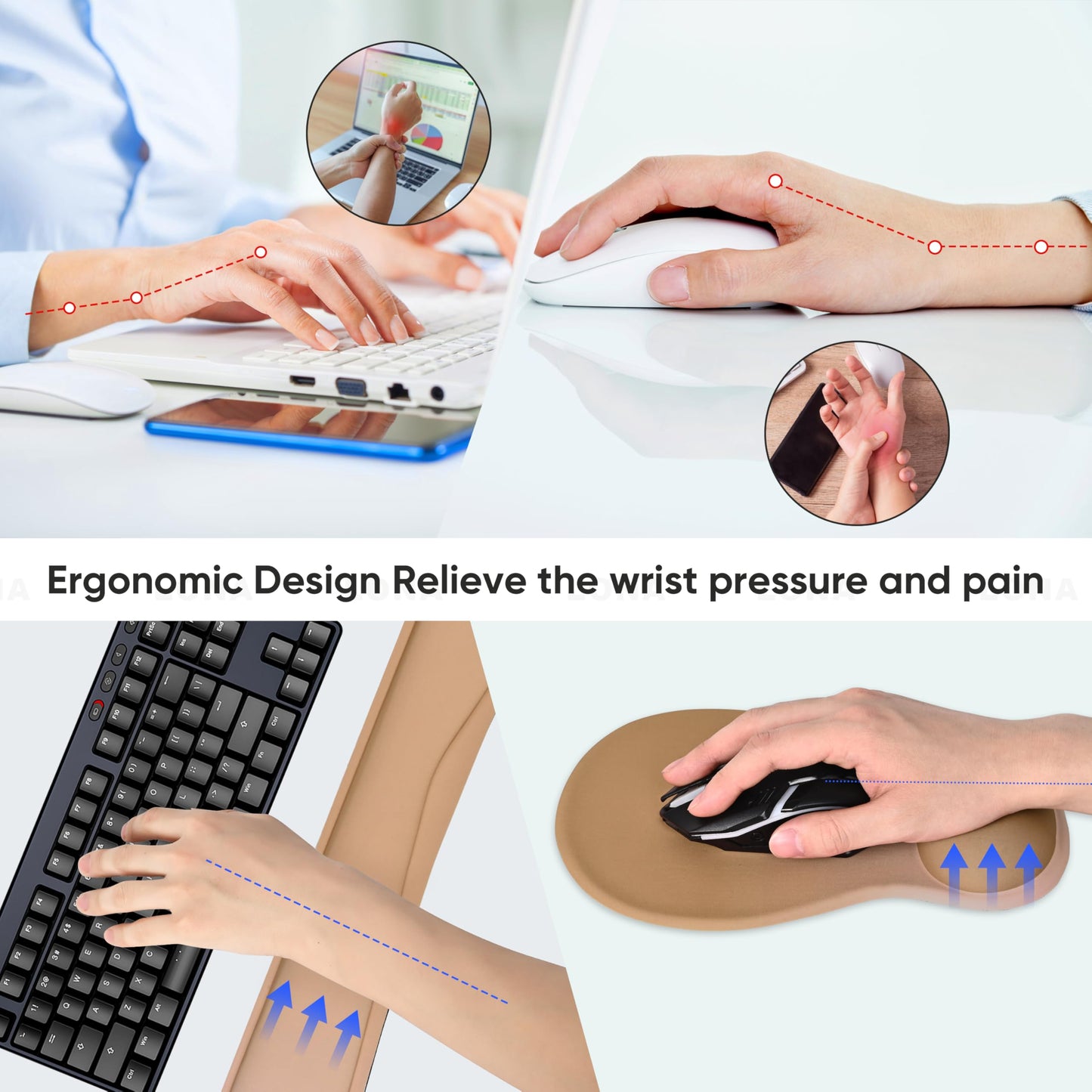 WINTOJO Wrist Rest Support for Mouse Pad Keyboard Set Circle Coaster Gaming Mouse Pad Ergonomic Gel Memory Foam Set for Computer, Laptop, Office, Pain Relief, Comfortably Typing Brown KM-32