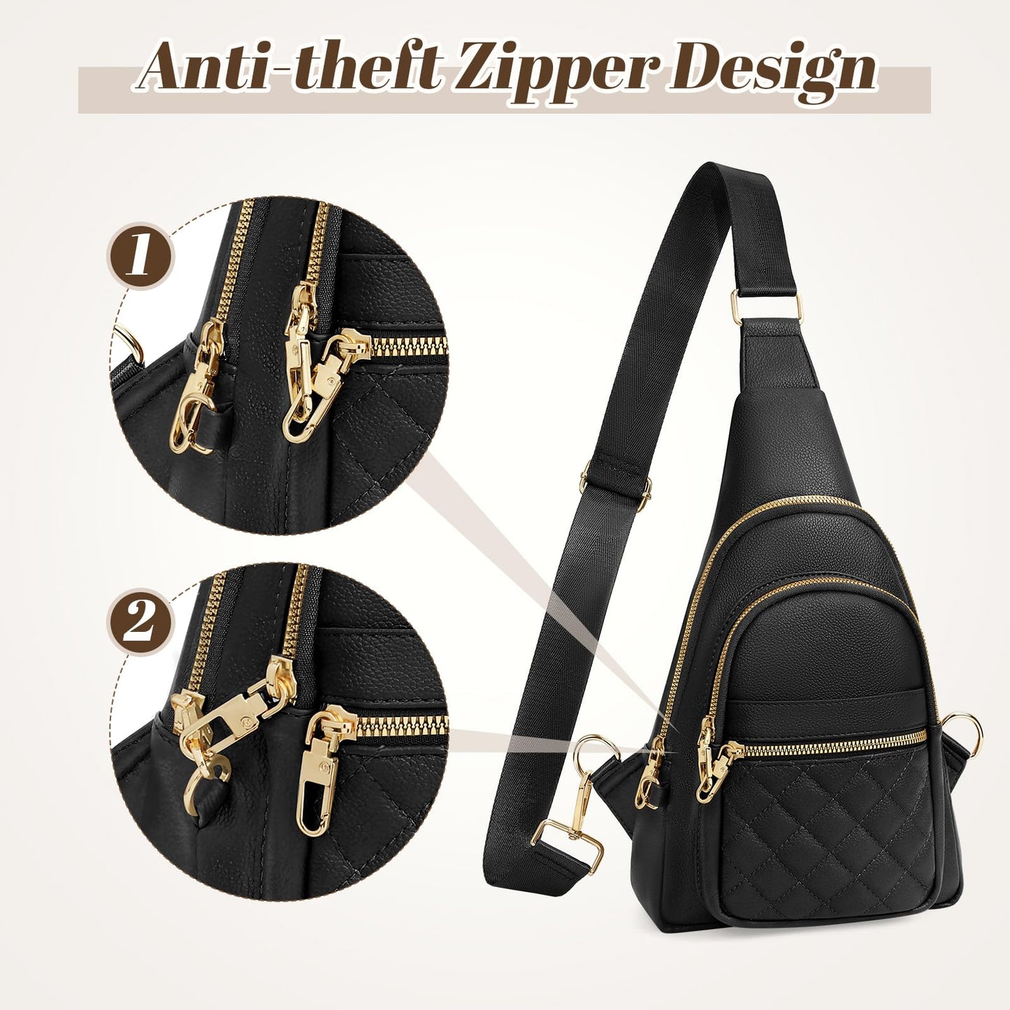 JASGOOD Women Anti-theft Crossbody Sling Bag, Leather Chest Bag Sling Backpack for Fashion Travel,Black