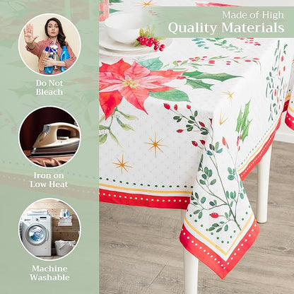 Maison d' Hermine Table Cloth Rectangle Table 100% Cotton 70 x 140 Inches Fall Tablecloth Reusable Everyday Use for Thanksgiving Christmas Decorations Dining Farmhouse Party (Poinsettia Christmas)