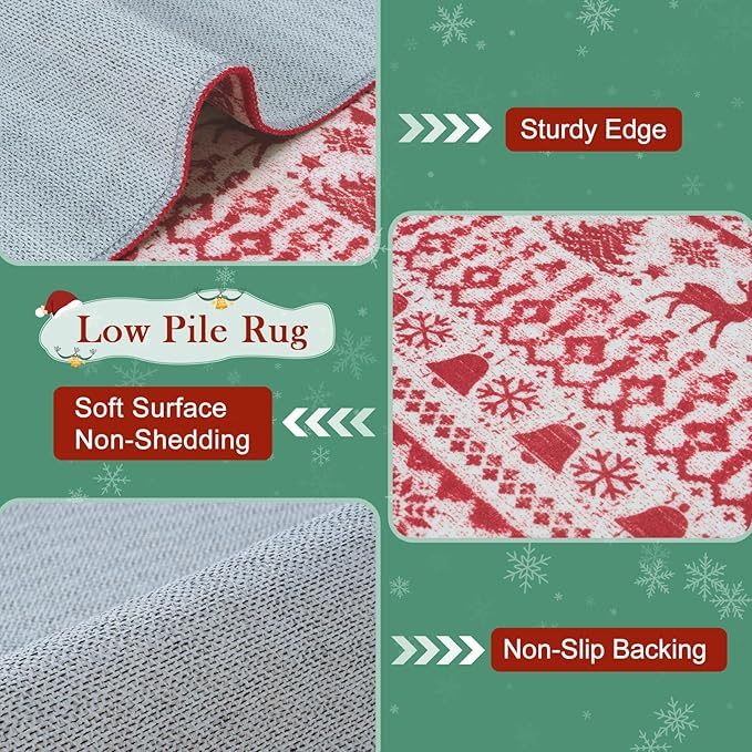 Christmas Runner Rug, 2x6 Red Christmas Kitchen Runner Rug, Non-Slip Washable Indoor Door Mat, Winter Xmas Holiday Floor Decor Carpet Runners for Hallways Bedroom Laundry Room