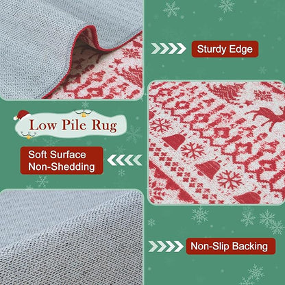 Christmas Runner Rug, 2x6 Red Christmas Kitchen Runner Rug, Non-Slip Washable Indoor Door Mat, Winter Xmas Holiday Floor Decor Carpet Runners for Hallways Bedroom Laundry Room