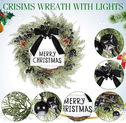 Lighted Christmas Wreath for Front Door with Metal Hanger 16'' Artificial Norfolk Wreath with Velvet Bow LED Lights Jingle Bells Pinecone Berries Christmas Holiday Winter Decor(Black)