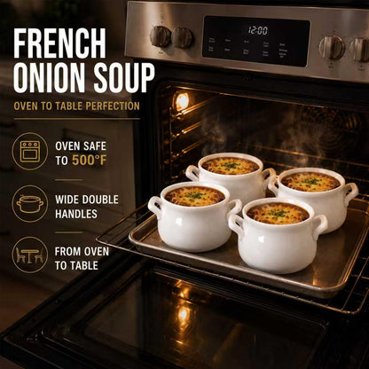 20oz French Onion Soup Bowls with handles Set of 4, 2 Mitts & 4 Spoons Included, Ceramic Oven Safe,Perfect for Soups, Chicken, Vegetable, Beef, Oatmeal, Chili, Corn, Clam, Pumpkin & More (White)