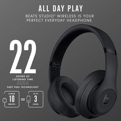 Beats Studio3 Wireless Noise Cancelling Over-Ear Headphones - Apple W1 Headphone Chip, Class 1 Bluetooth, 22 Hours of Listening Time, Built-in Microphone - Matte Black