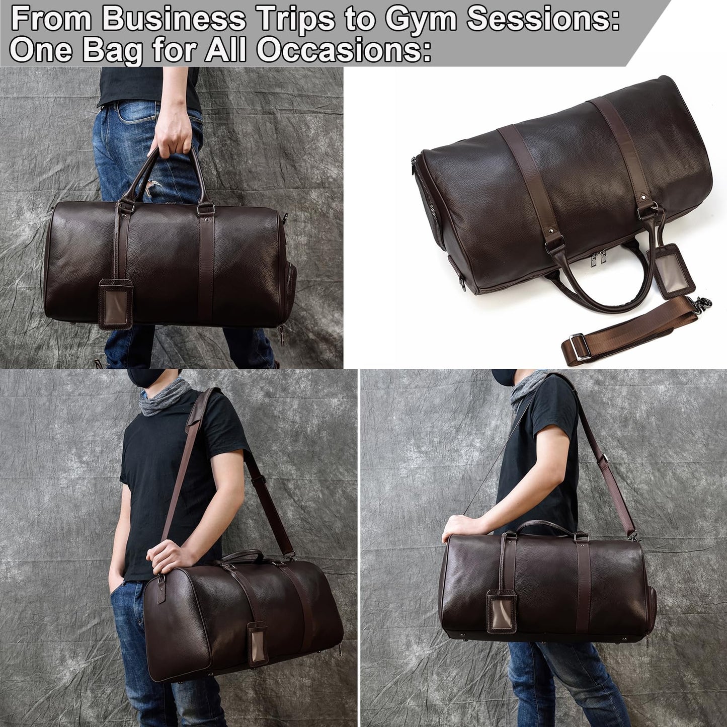Yevabo Genuine Leather Duffel Bag for Men & Women, Cabin Friendly Carry-On Weekender Bag for Gym Travel Overnight Trips, Brown