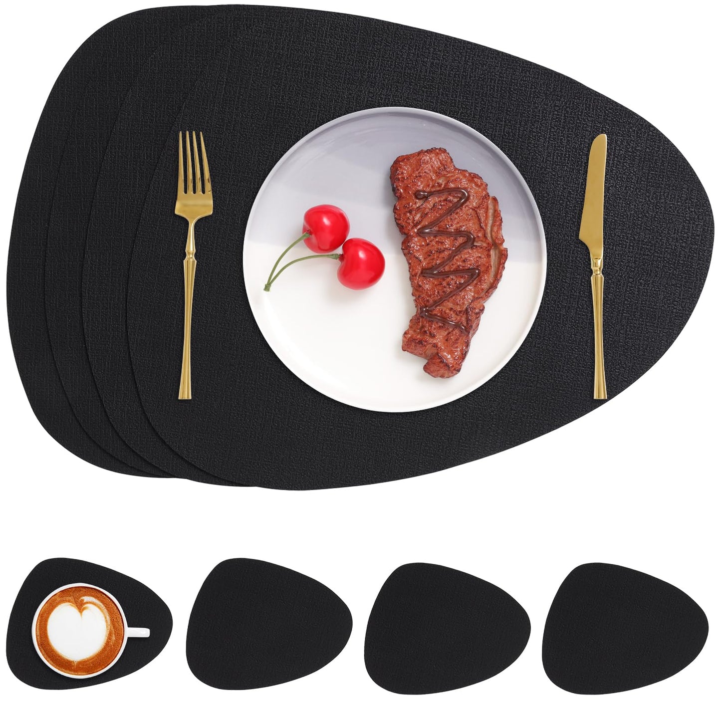 Chitomars Placemats and Coasters, Washable Placemats Round Faux Leather Wipeable Place Mats Non Slip Heat Resistant Indoor Outdoor Table Mats (Set of 6, Light Gray Sage Green)