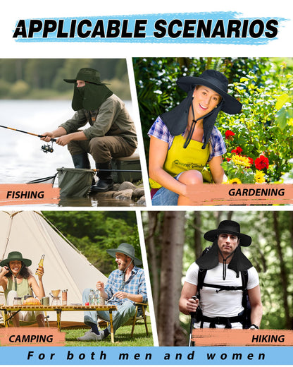 Wide Brim Sun Hat with Detachable Face Cover & Neck Flap Waterproof Safari Fishing UPF 50+ UV Protection Hat for Men Women Black