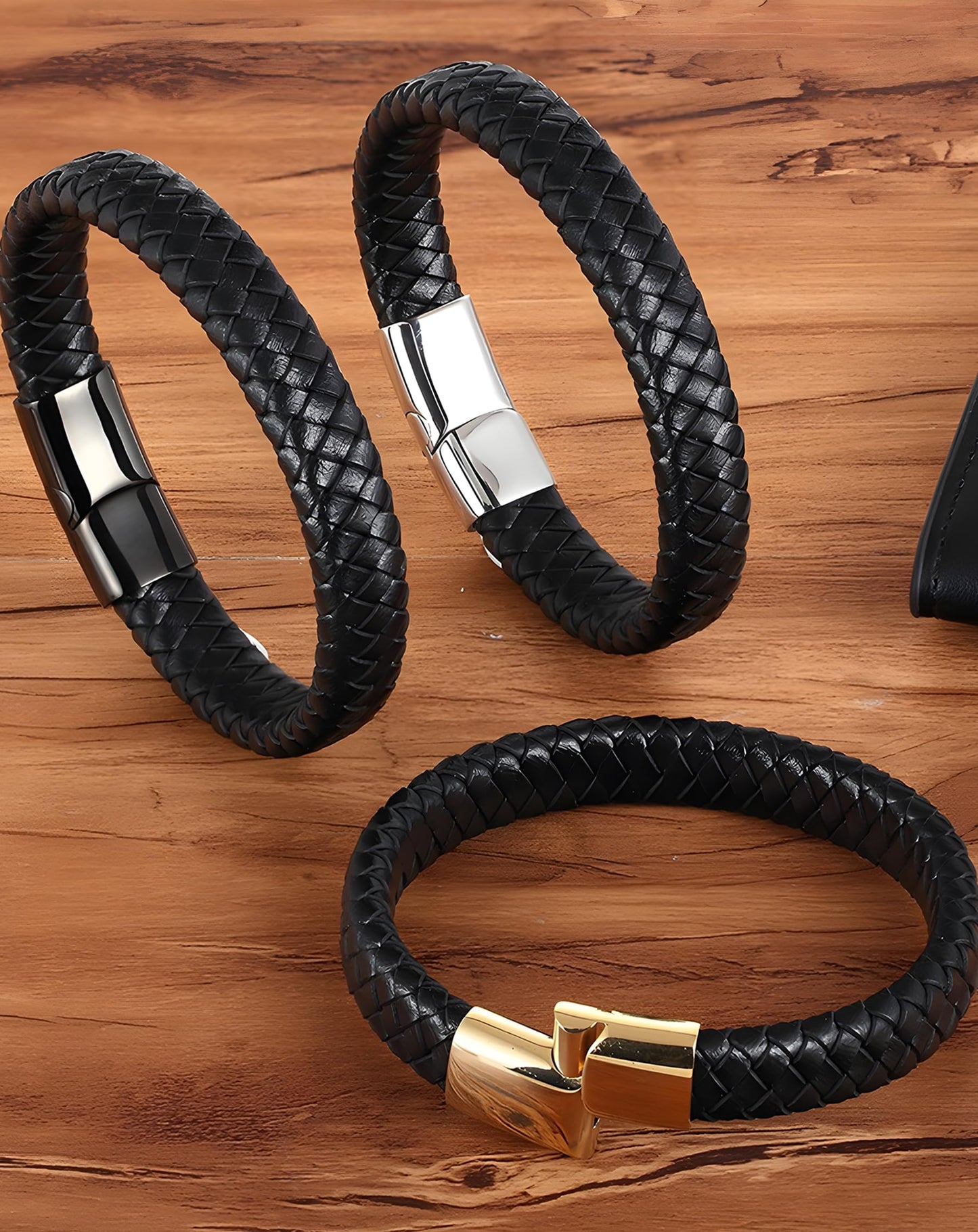 Deerllia Leather Bracelet for Men, Braided Cuff with Stainless Steel Clasp Stacked Multi Style Color Anniversary Father's Day Birthday Christmas Jewelry Gifts for Him, Silver Clasp Black Leather